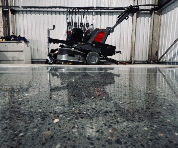 Finished TRU polished concrete overlay floor with exposed aggregate