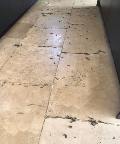 Limestone floor before restoration in Marlow with built-up surface coating